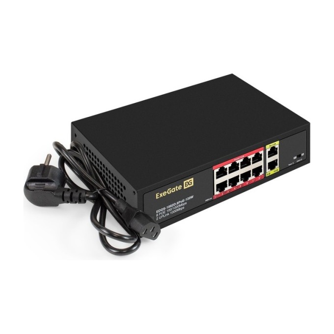 Коммутатор управляемый L2 ExeGate EDGS-2182D.8PoE-120W (10-портовый гигабитный UTP 10/100/1000 Base-T: 8 портов IEEE 802.3af/at (PoE+), мощность PoE: 30W, суммарно 120W, 2 порта RJ45 uplink, металлический корпус, настольный/настенный) (& EX301542RUS