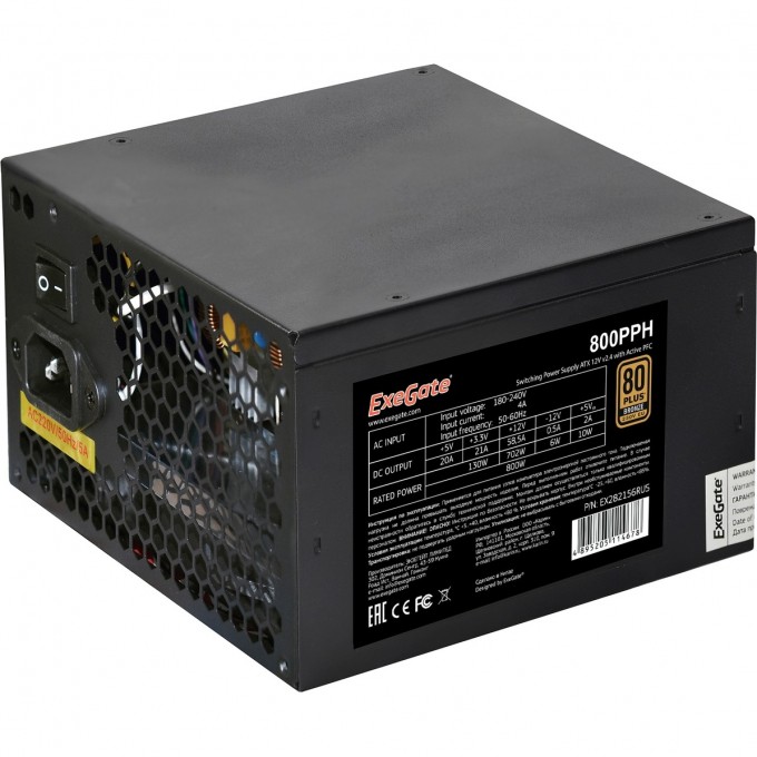 Блок питания 800W EXEGATE 80 PLUS® Bronze 800PPH-OEM EX282156RUS-OEM-S Блок питания 800W EXEGATE 80 PLUS® Bronze 800PPH-OEM EX282156RUS-OEM-S